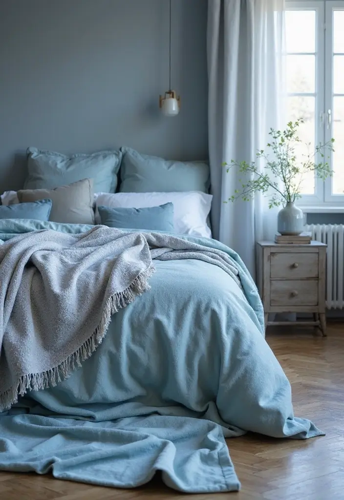 30 Dusty Blue Bedroom Ideas That Feel Calm & Sophisticated - 3. Textured Fabrics in Dusty Blue