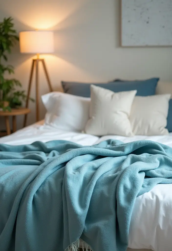 30 Dusty Blue Bedroom Ideas That Feel Calm & Sophisticated - 30. Dusty Blue Throw Blankets