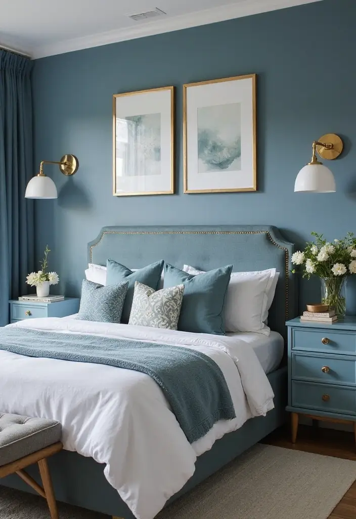 30 Dusty Blue Bedroom Ideas That Feel Calm & Sophisticated - 4. Dusty Blue and Gold Accents