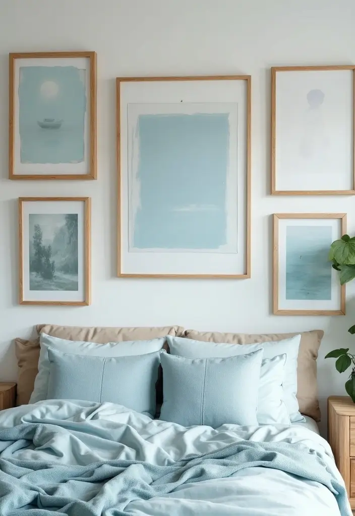30 Dusty Blue Bedroom Ideas That Feel Calm & Sophisticated - 9. Dusty Blue in Wall Art