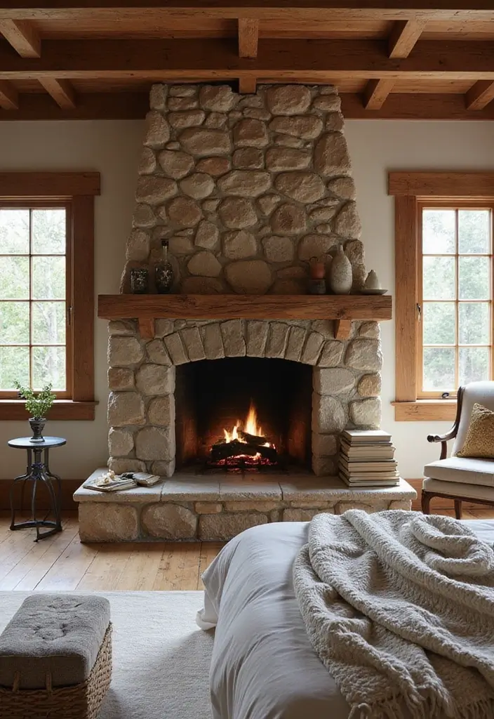30 Fireplace in Bedroom Ideas That Add Warmth & Romance - 1. Rustic Stone Fireplace