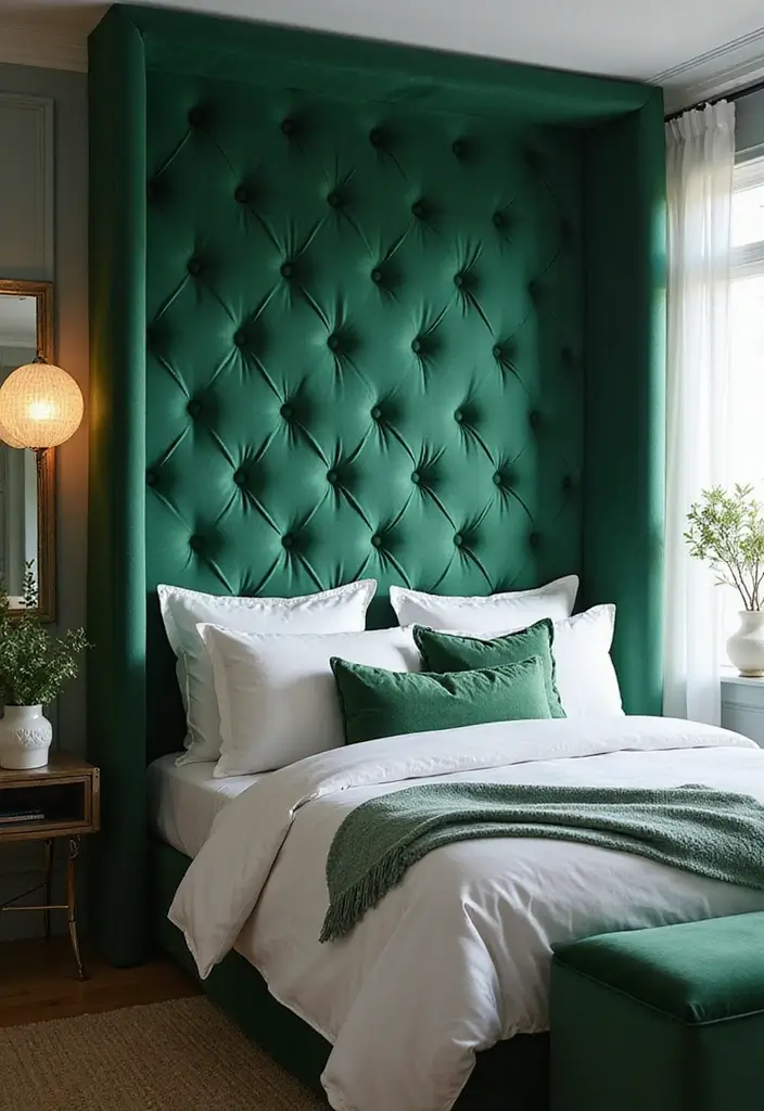 30 Green Velvet Bedroom Ideas That Feel Luxurious and Bold - 1. Emerald Green Velvet Headboard