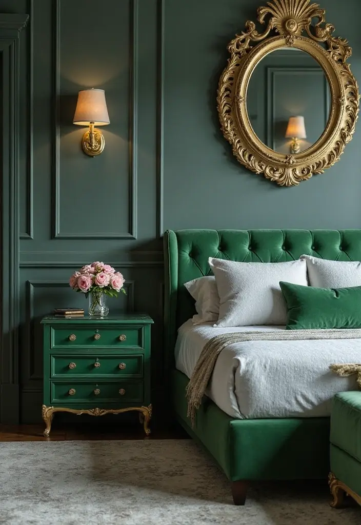 30 Green Velvet Bedroom Ideas That Feel Luxurious and Bold - 11. Green Velvet Bedside Tables