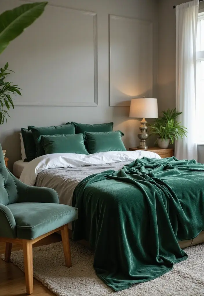 30 Green Velvet Bedroom Ideas That Feel Luxurious and Bold - 13. Green Velvet Throw Blankets
