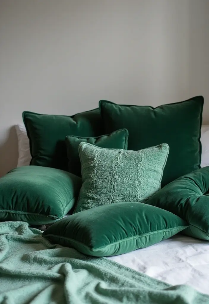 30 Green Velvet Bedroom Ideas That Feel Luxurious and Bold - 14. Green Velvet Pillows