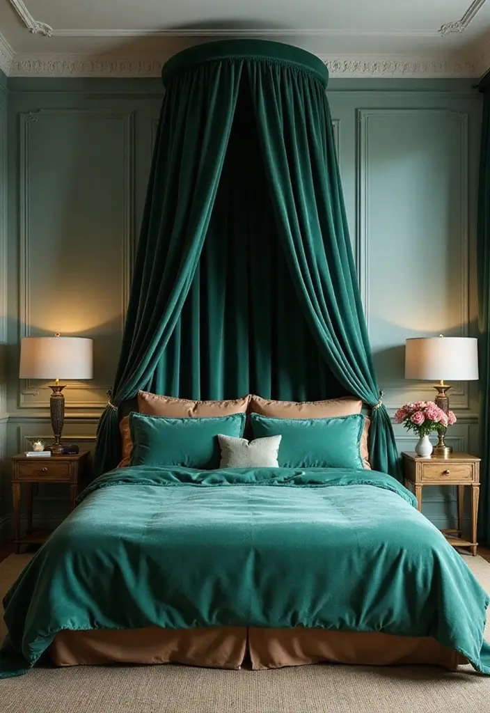 30 Green Velvet Bedroom Ideas That Feel Luxurious and Bold - 15. Green Velvet Canopy