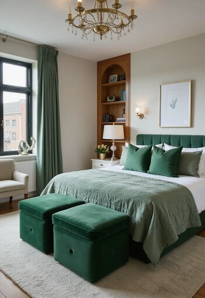 30 Green Velvet Bedroom Ideas That Feel Luxurious and Bold - 17. Green Velvet Storage Solutions