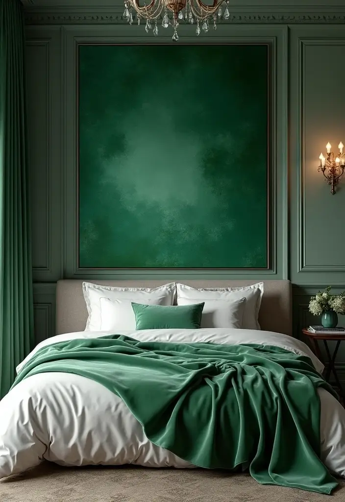 30 Green Velvet Bedroom Ideas That Feel Luxurious and Bold - 18. Green Velvet Wall Art