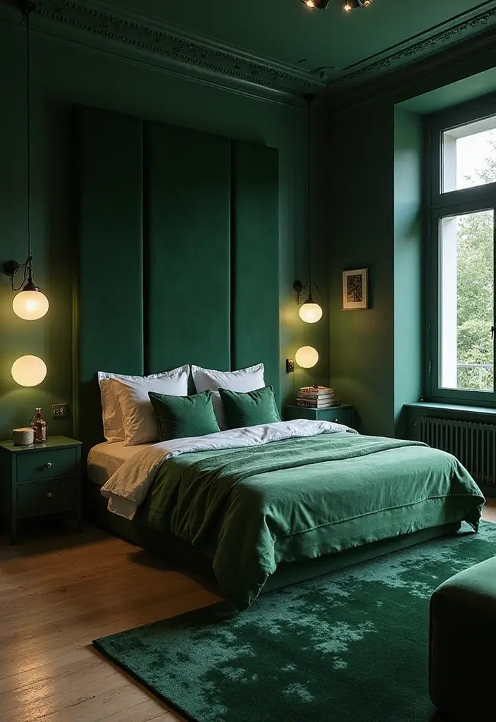 30 Green Velvet Bedroom Ideas That Feel Luxurious and Bold - 20. Green Velvet Lighting Fixtures