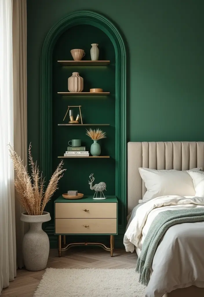 30 Green Velvet Bedroom Ideas That Feel Luxurious and Bold - 22. Green Velvet Shelves