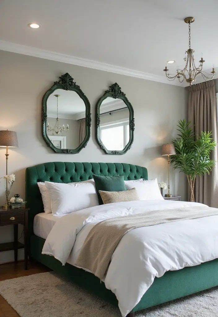 30 Green Velvet Bedroom Ideas That Feel Luxurious and Bold - 24. Green Velvet Mirrors