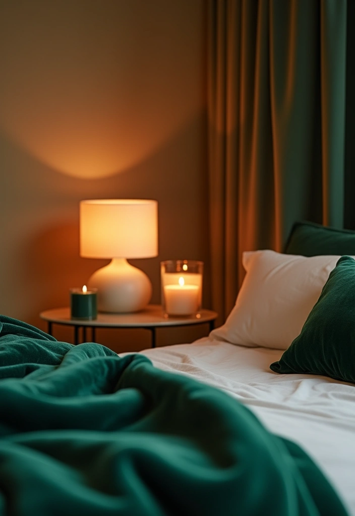 30 Green Velvet Bedroom Ideas That Feel Luxurious and Bold - 25. Green Velvet Pillar Candles