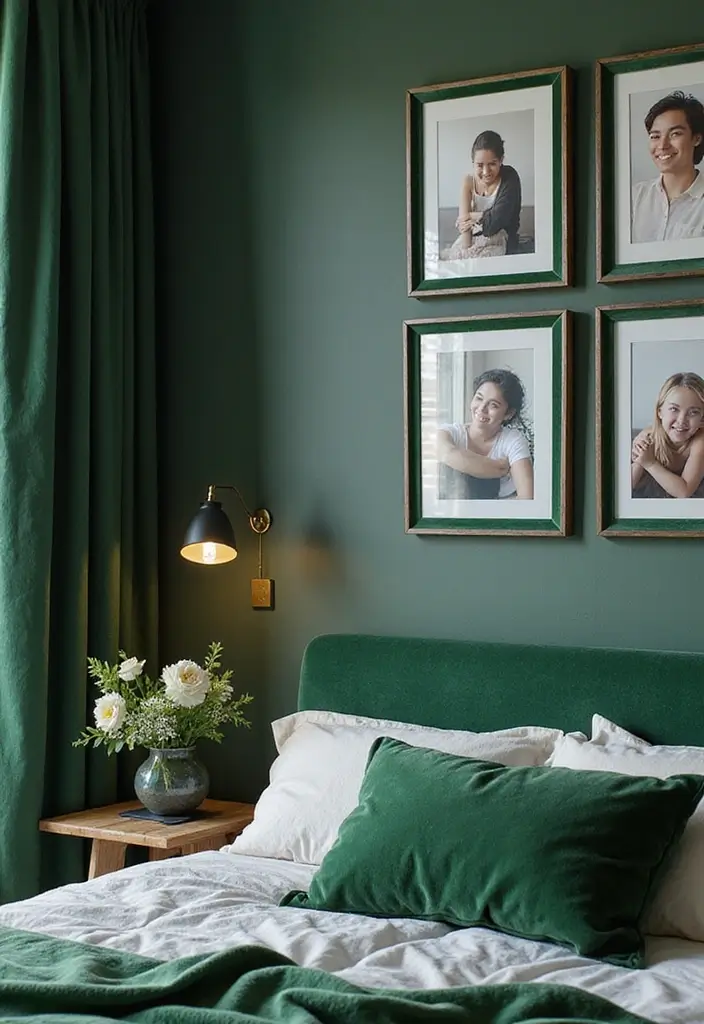 30 Green Velvet Bedroom Ideas That Feel Luxurious and Bold - 27. Green Velvet Photo Frames
