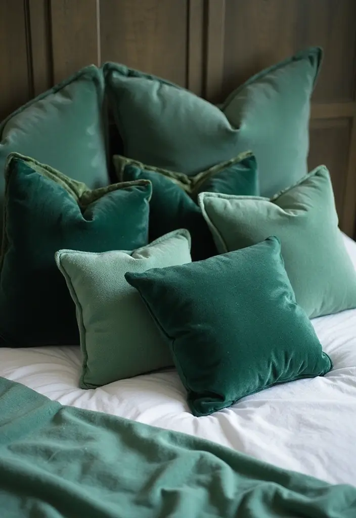 30 Green Velvet Bedroom Ideas That Feel Luxurious and Bold - 5. Green Velvet Throw Pillows
