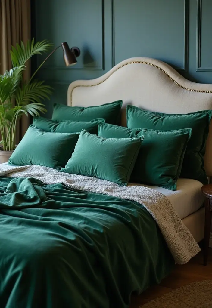 30 Green Velvet Bedroom Ideas That Feel Luxurious and Bold - 8. Green Velvet Bedding