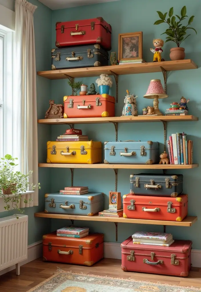 30 Kids Bedroom Shelving Ideas That Keep Things Cute & Organized - 14. Suitcase Storage Shelving