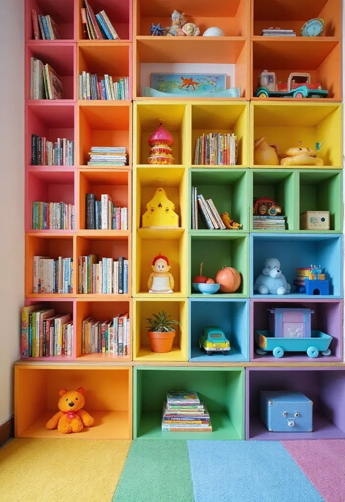 30 Kids Bedroom Shelving Ideas That Keep Things Cute & Organized - 18. Color-Coded Shelves