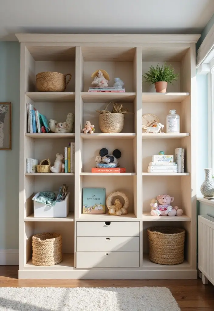 30 Kids Bedroom Shelving Ideas That Keep Things Cute & Organized - 19. Box Shelves with Drawers