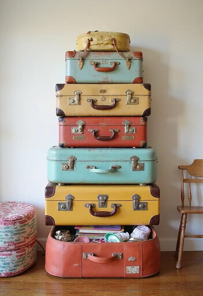 30 Kids Bedroom Shelving Ideas That Keep Things Cute & Organized - 23. Vintage Suitcase Shelving