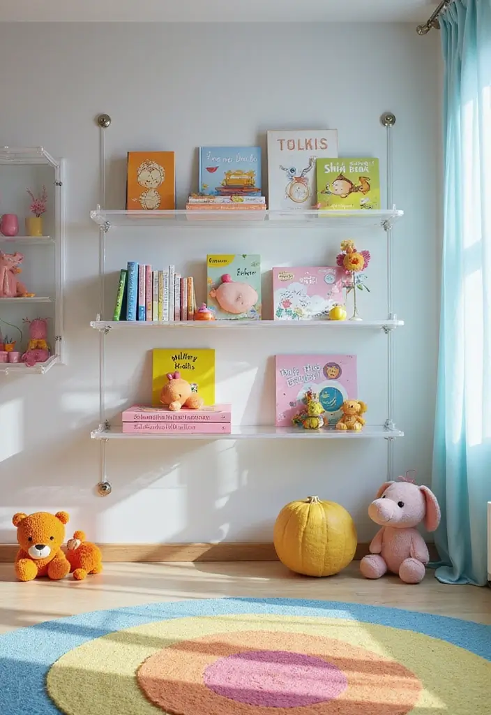 30 Kids Bedroom Shelving Ideas That Keep Things Cute & Organized - 24. Transparent Acrylic Shelves