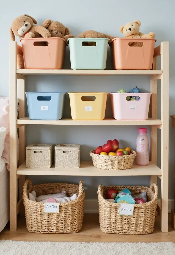 30 Kids Bedroom Shelving Ideas That Keep Things Cute & Organized - 25. Playroom Shelving with Labels