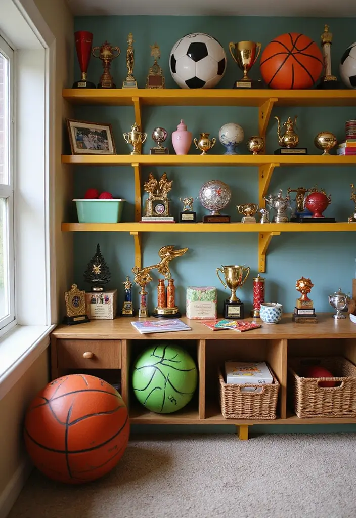 30 Kids Bedroom Shelving Ideas That Keep Things Cute & Organized - 28. Sports-Themed Shelves