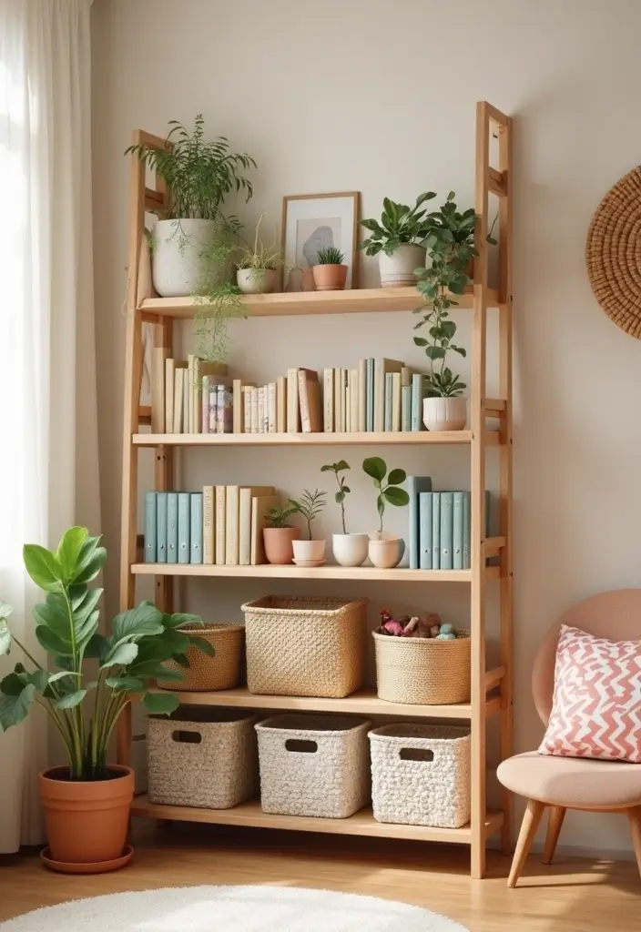 30 Kids Bedroom Shelving Ideas That Keep Things Cute & Organized - 3. Ladder Shelf Display