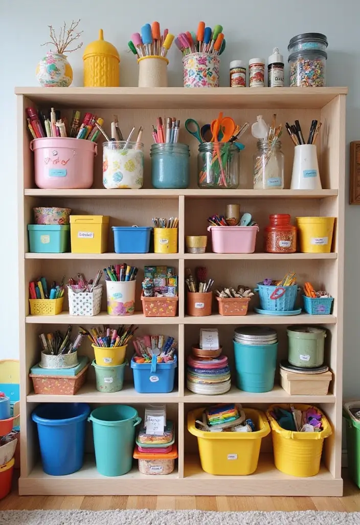 30 Kids Bedroom Shelving Ideas That Keep Things Cute & Organized - 30. Crafty Shelves for Art Supplies