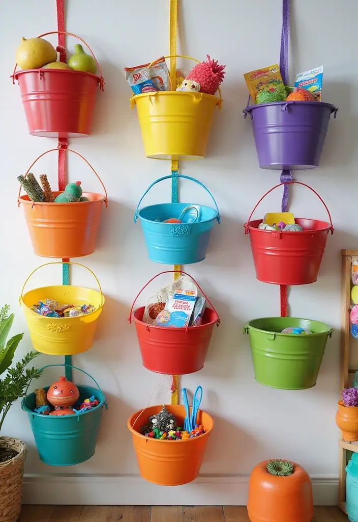 30 Kids Bedroom Shelving Ideas That Keep Things Cute & Organized - 6. Colorful Hanging Baskets