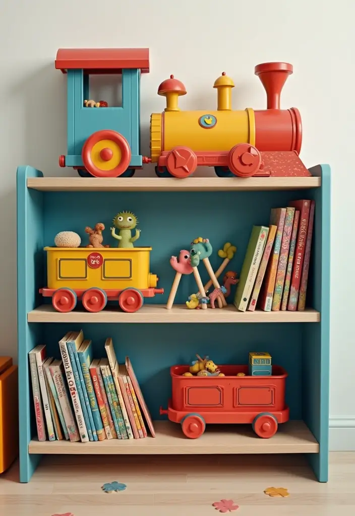 30 Kids Bedroom Shelving Ideas That Keep Things Cute & Organized - 7. Playful Toy Trains