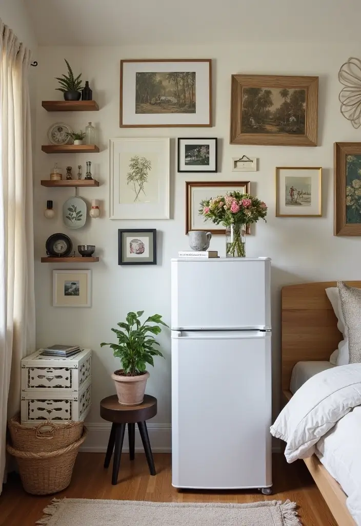 30 Mini Fridge in Bedroom Ideas That Are Smart & Stylish - 10. Gallery Wall with Mini Fridge