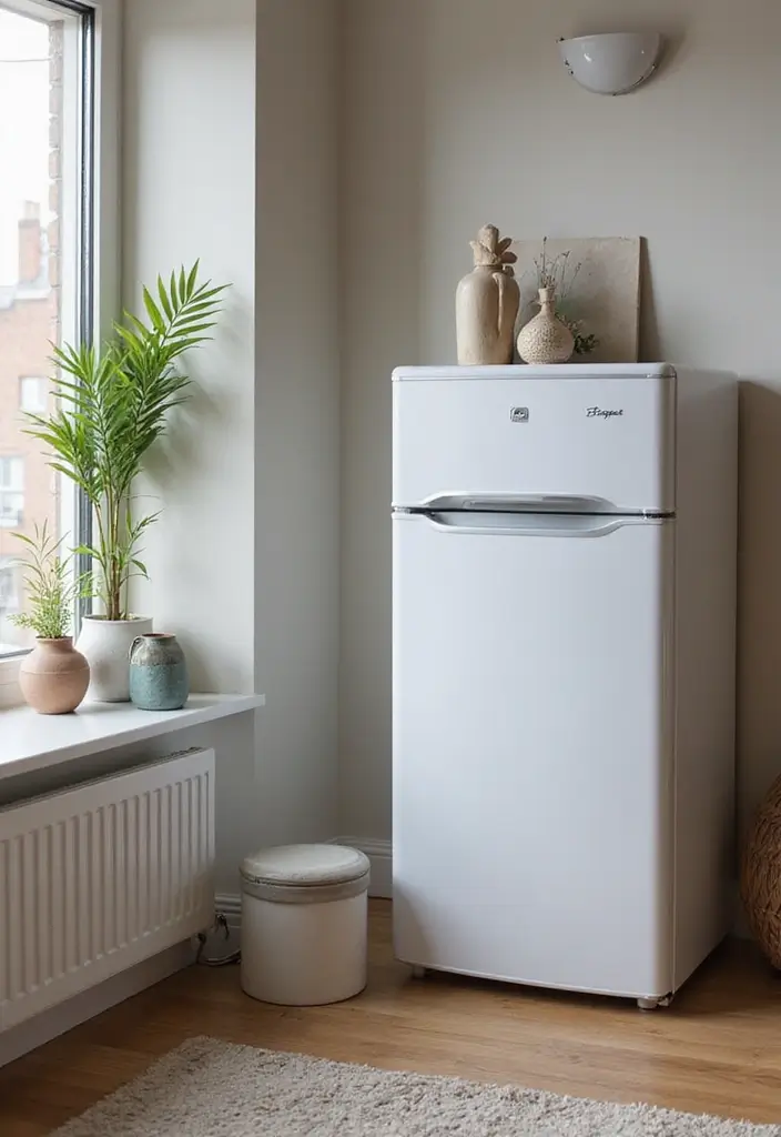 30 Mini Fridge in Bedroom Ideas That Are Smart & Stylish - 12. Vertical Mini Fridge for Small Spaces