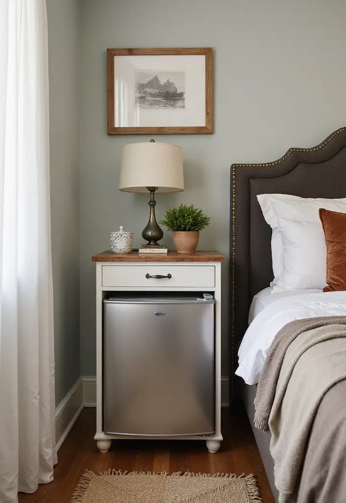 30 Mini Fridge in Bedroom Ideas That Are Smart & Stylish - 15. Mini Fridge as a Side Table