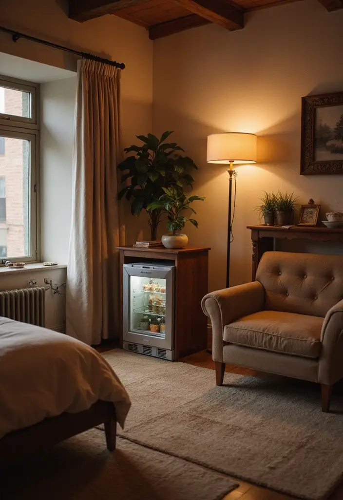 30 Mini Fridge in Bedroom Ideas That Are Smart & Stylish - 17. Mini Fridge with a Chill Zone