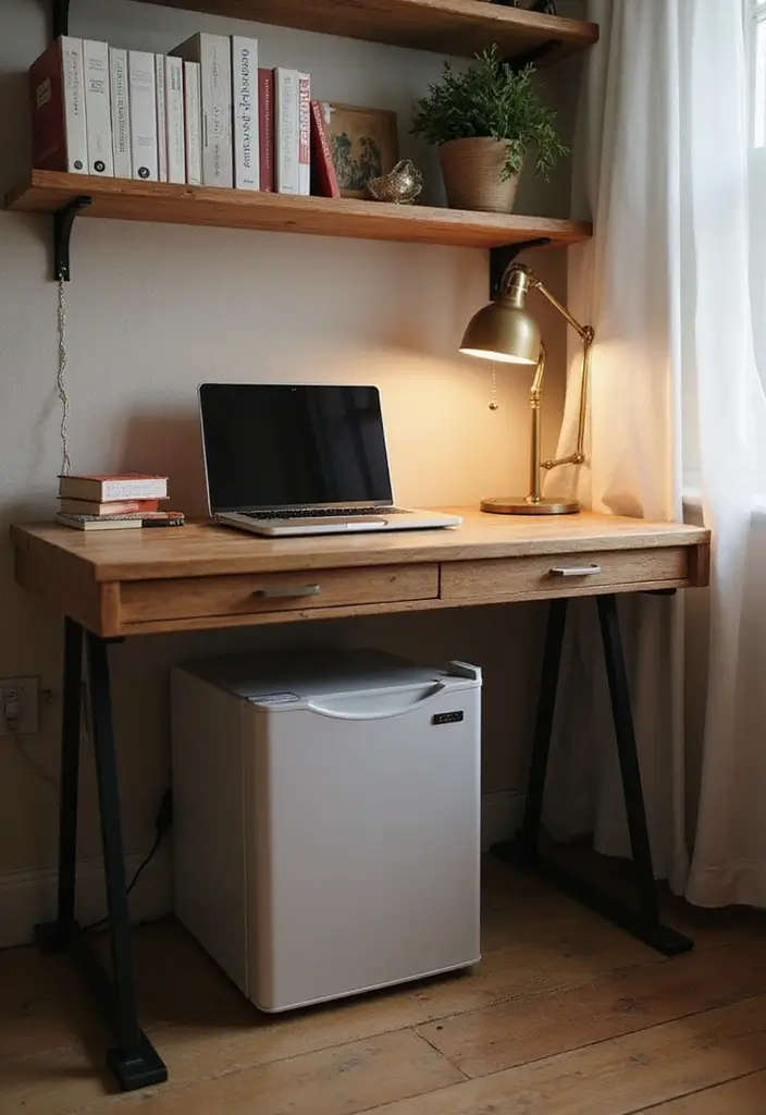 30 Mini Fridge in Bedroom Ideas That Are Smart & Stylish - 2. Under the Desk Mini Fridge
