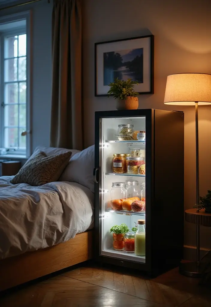 30 Mini Fridge in Bedroom Ideas That Are Smart & Stylish - 20. Mini Fridge with Integrated Lighting