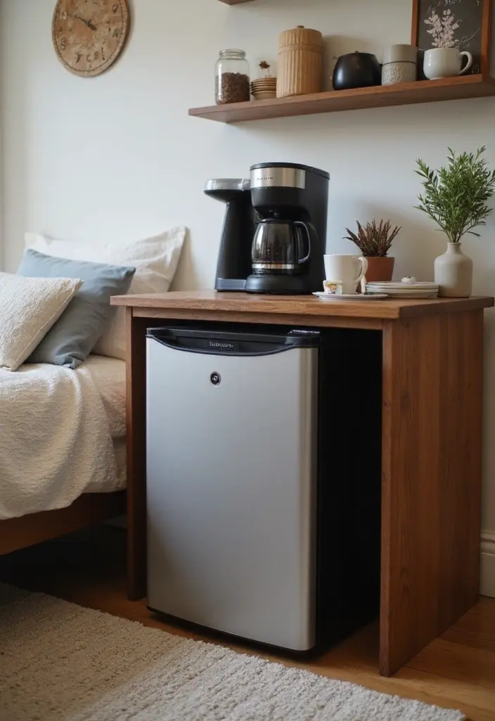 30 Mini Fridge in Bedroom Ideas That Are Smart & Stylish - 21. Mini Fridge with a Built-In Coffee Maker