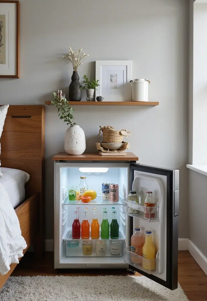 30 Mini Fridge in Bedroom Ideas That Are Smart & Stylish - 22. Mini Fridge with Open Storage