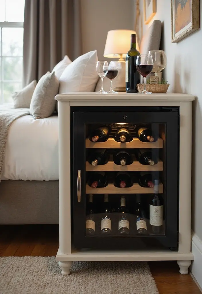 30 Mini Fridge in Bedroom Ideas That Are Smart & Stylish - 25. Compact Fridge with a Wine Rack