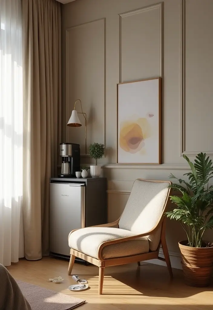 30 Mini Fridge in Bedroom Ideas That Are Smart & Stylish - 26. Cozy Coffee Nook with Mini Fridge