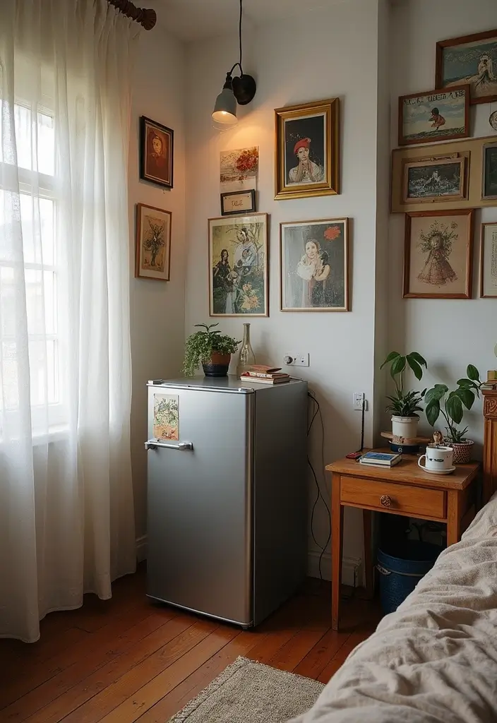 30 Mini Fridge in Bedroom Ideas That Are Smart & Stylish - 28. Mini Fridge with Art Display