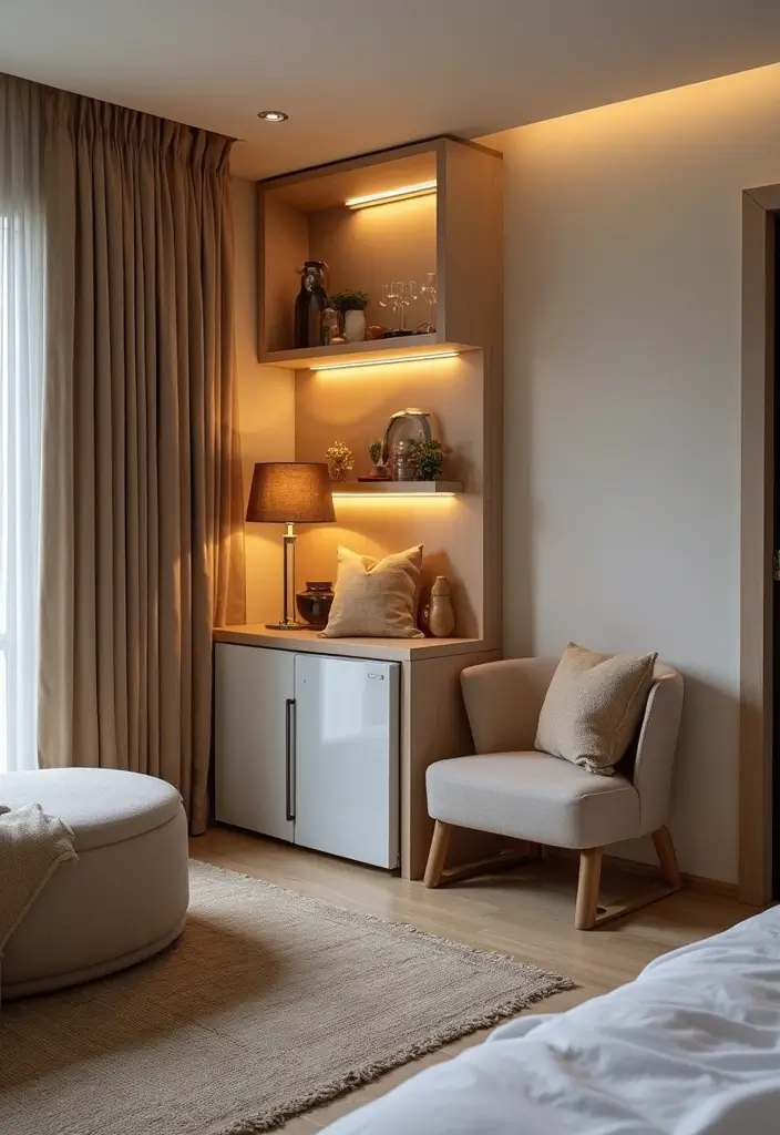 30 Mini Fridge in Bedroom Ideas That Are Smart & Stylish - 29. Mini Fridge with Chill-Out Zone