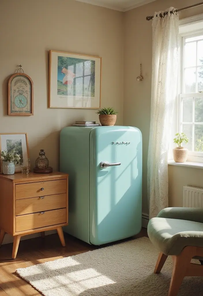 30 Mini Fridge in Bedroom Ideas That Are Smart & Stylish - 3. Retro Vibes with a Vintage Mini Fridge