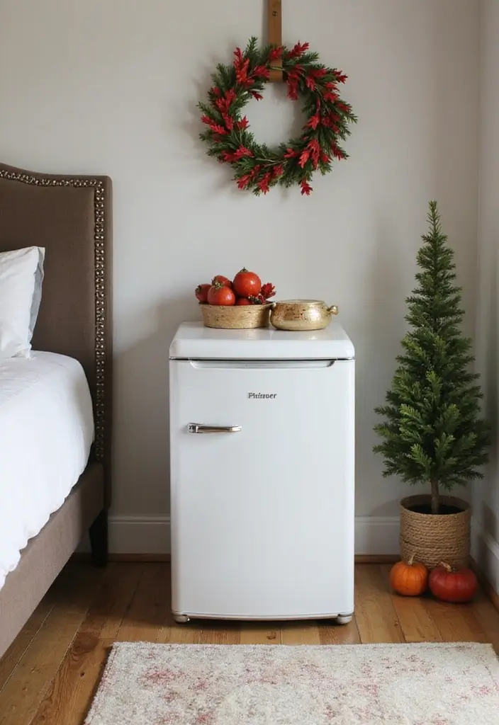 30 Mini Fridge in Bedroom Ideas That Are Smart & Stylish - 30. Seasonal Decor Around the Mini Fridge