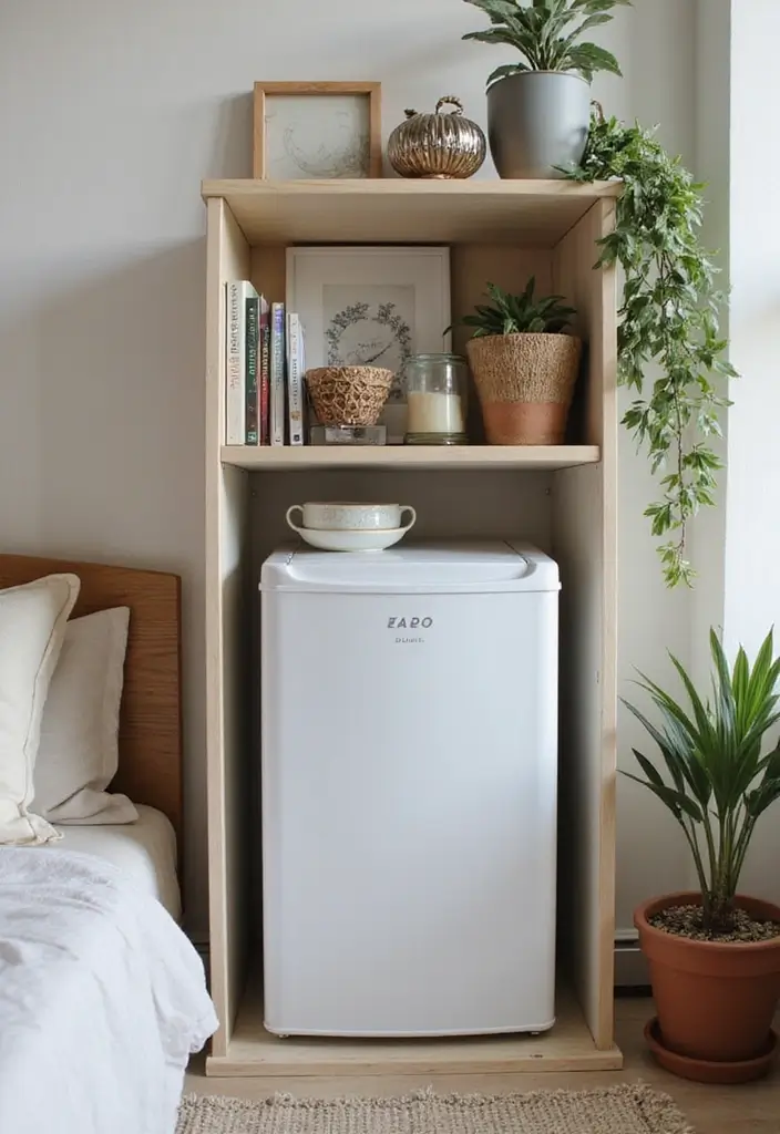 30 Mini Fridge in Bedroom Ideas That Are Smart & Stylish - 5. Artistic Display with Open Shelf Mini Fridge