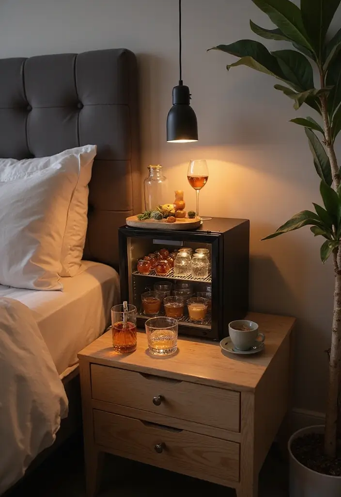 30 Mini Fridge in Bedroom Ideas That Are Smart & Stylish - 7. Bedside Mini Bar