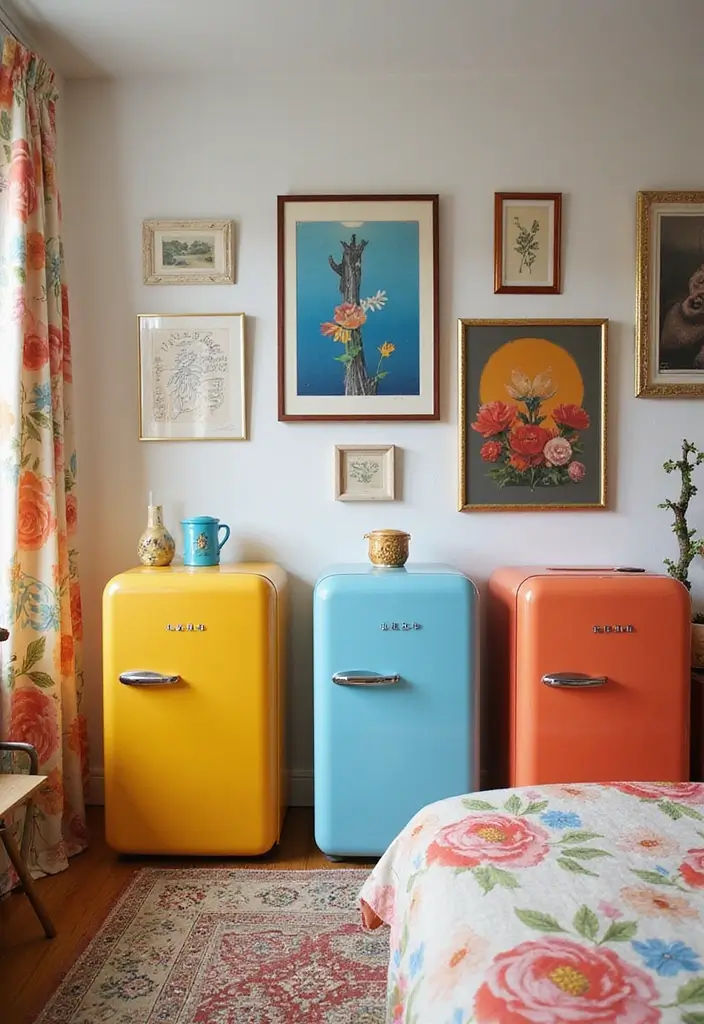 30 Mini Fridge in Bedroom Ideas That Are Smart & Stylish - 8. Colorful Mini Fridge Collection