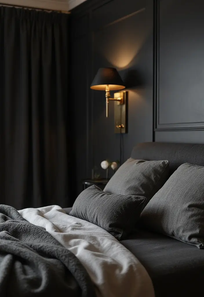 30 Wall Lamps Bedroom Ideas That Add Mood Lighting - 12. Sophisticated Black and Gold