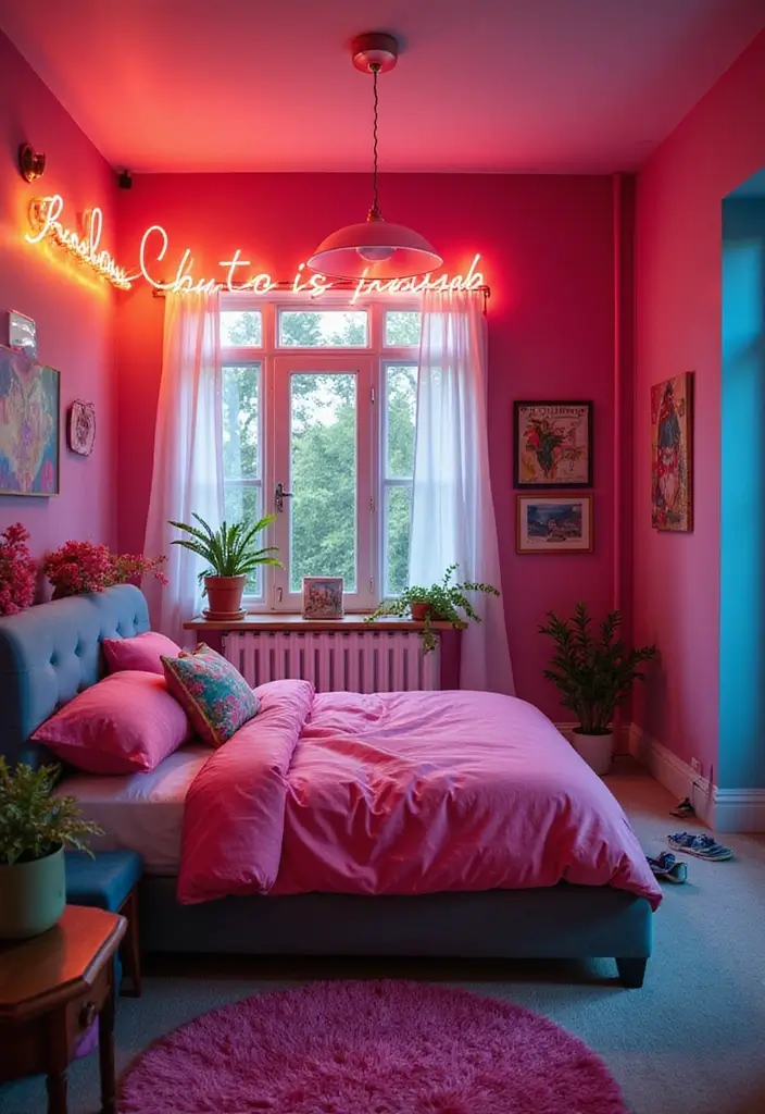 30 Wall Lamps Bedroom Ideas That Add Mood Lighting - 15. Retro Neon Lights