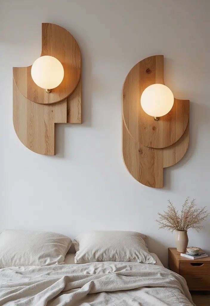 30 Wall Lamps Bedroom Ideas That Add Mood Lighting - 24. Geometric Wooden Wall Lamps